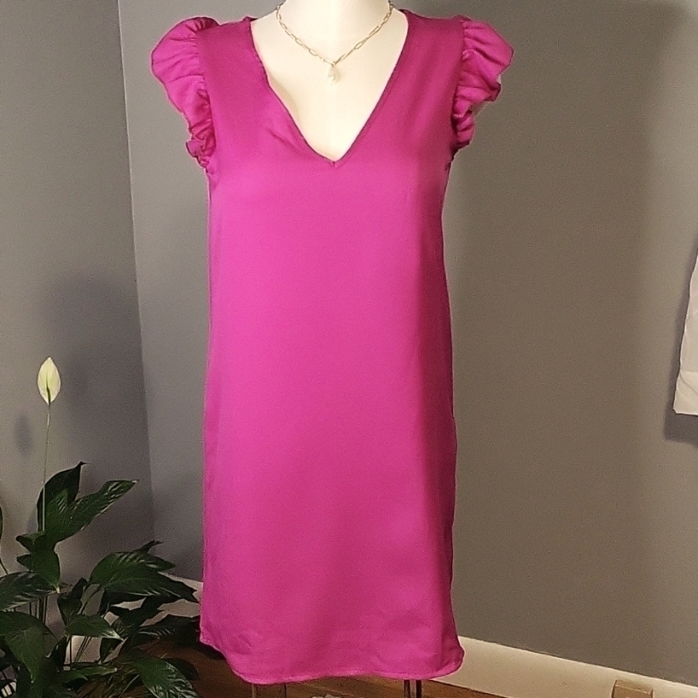 Floerns Pink Pullover Flutter Sleeve Polyester V-Neck Mini Dress - Size S